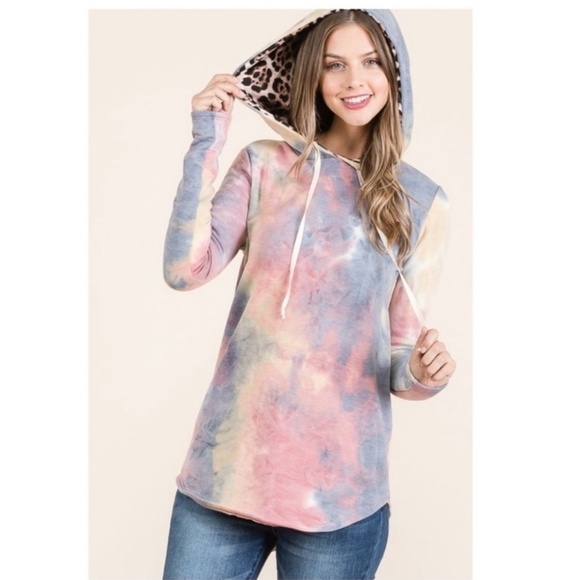 A Girl Thing Tops - Tie Dye Hoodie w/ Leopard Print Hood▪︎S-XL